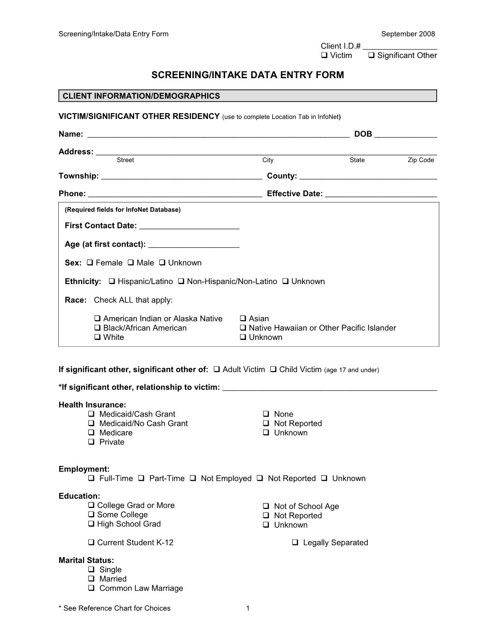Screening/Intake Data Entry Form
