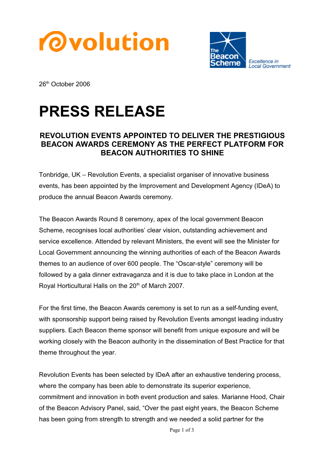 Revolution Events Appointed to Deliver the Prestigious Beacon Awards Ceremony As the Perfect