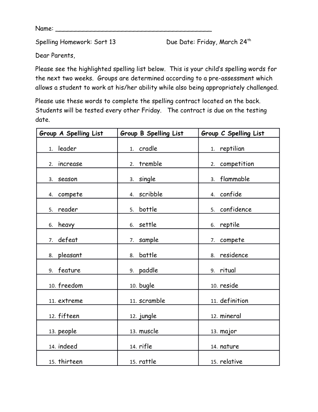Spelling Homework: Sort 13Due Date: Friday, March 24Th