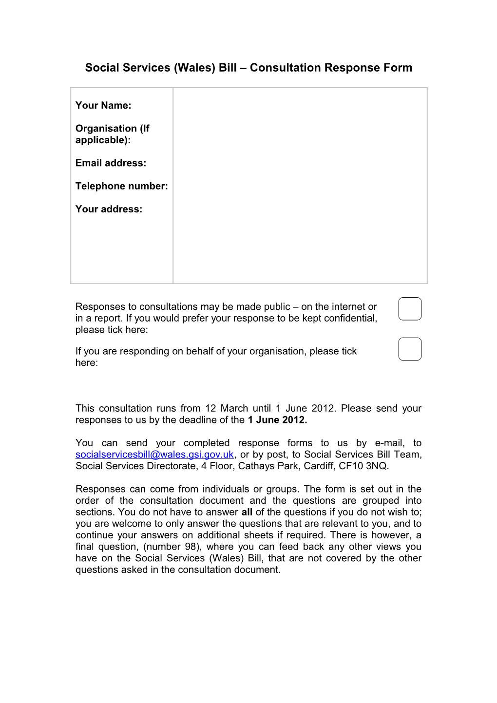 Social Services (Wales) Bill Consultation Response Form