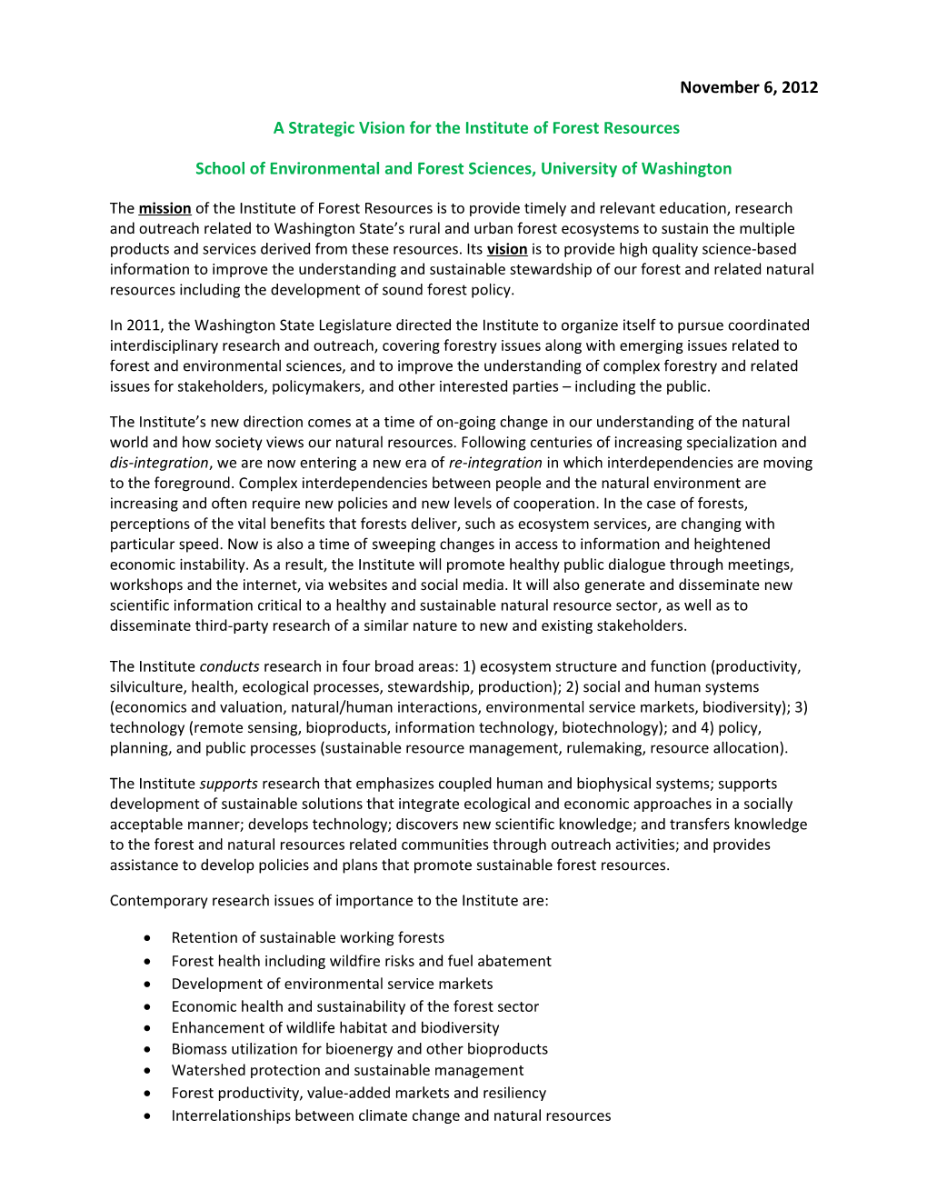 A Strategic Vision for the Institute of Forest Resources