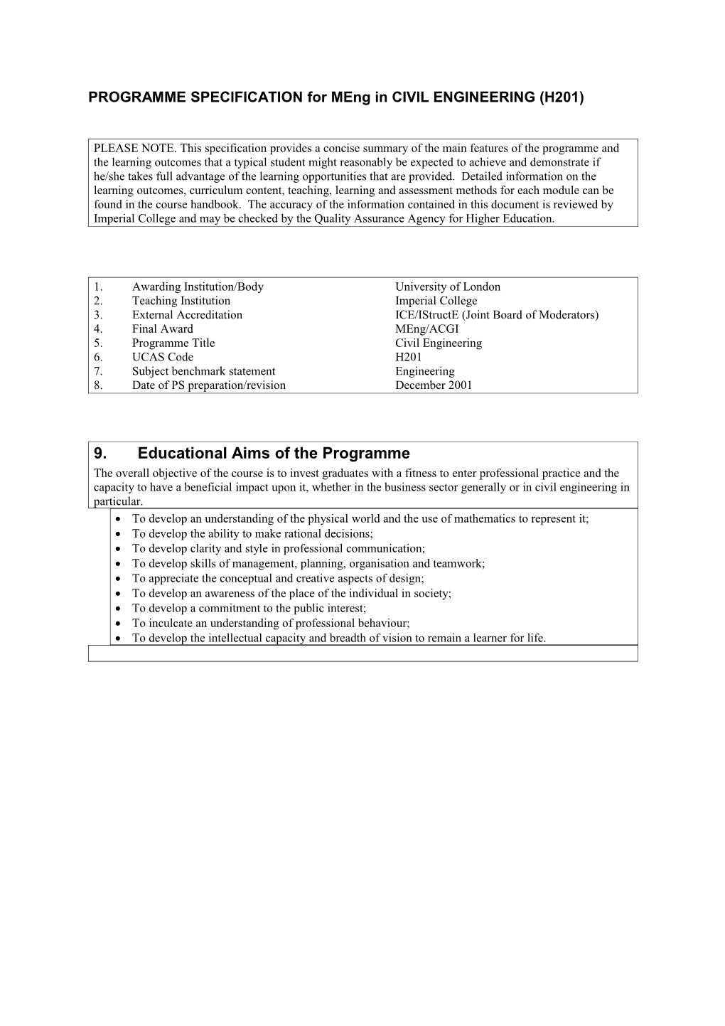 PROGRAMME SPECIFICATION for Meng in CIVIL ENGINEERING (H201)