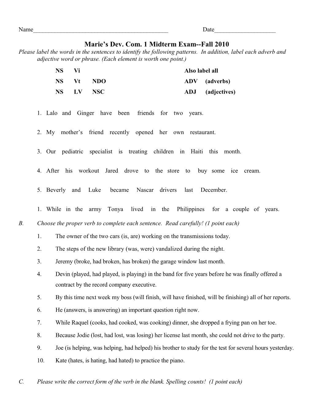 Marie S Dev. Com. 1 Midterm Exam Fall 2010