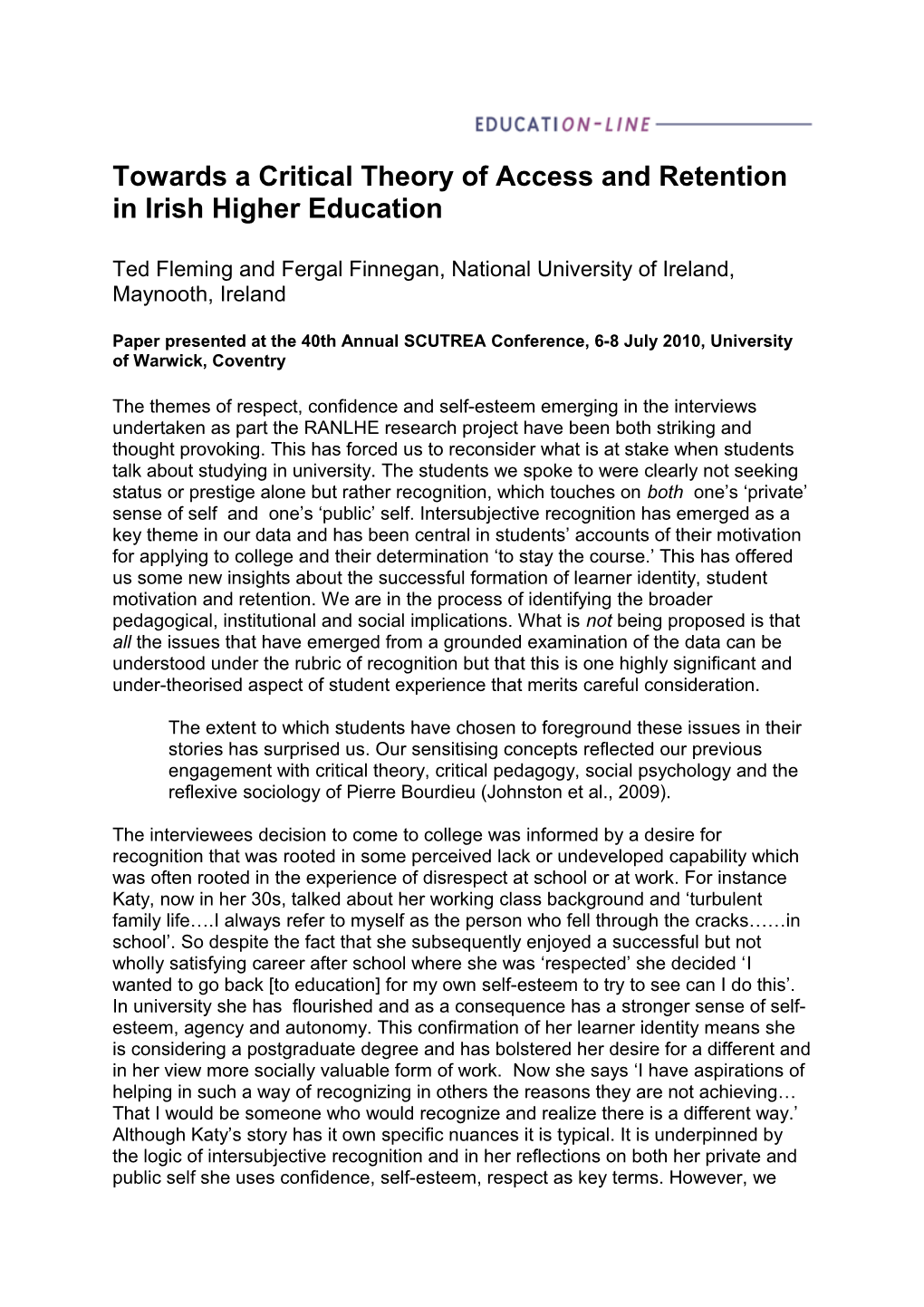 Towards a Critical Theory of Access and Retention in Irish Higher Education