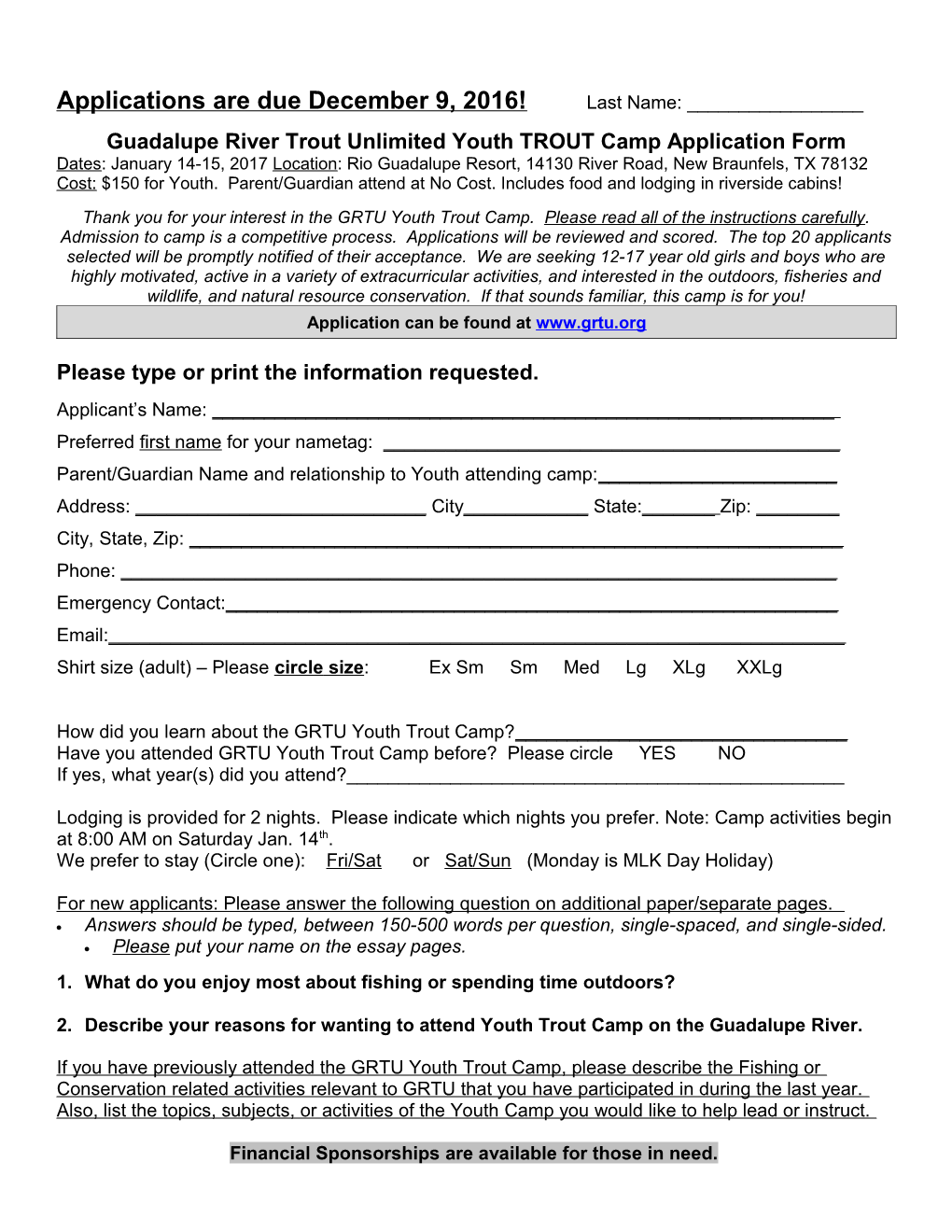 Applications Are Due April 1, 2005