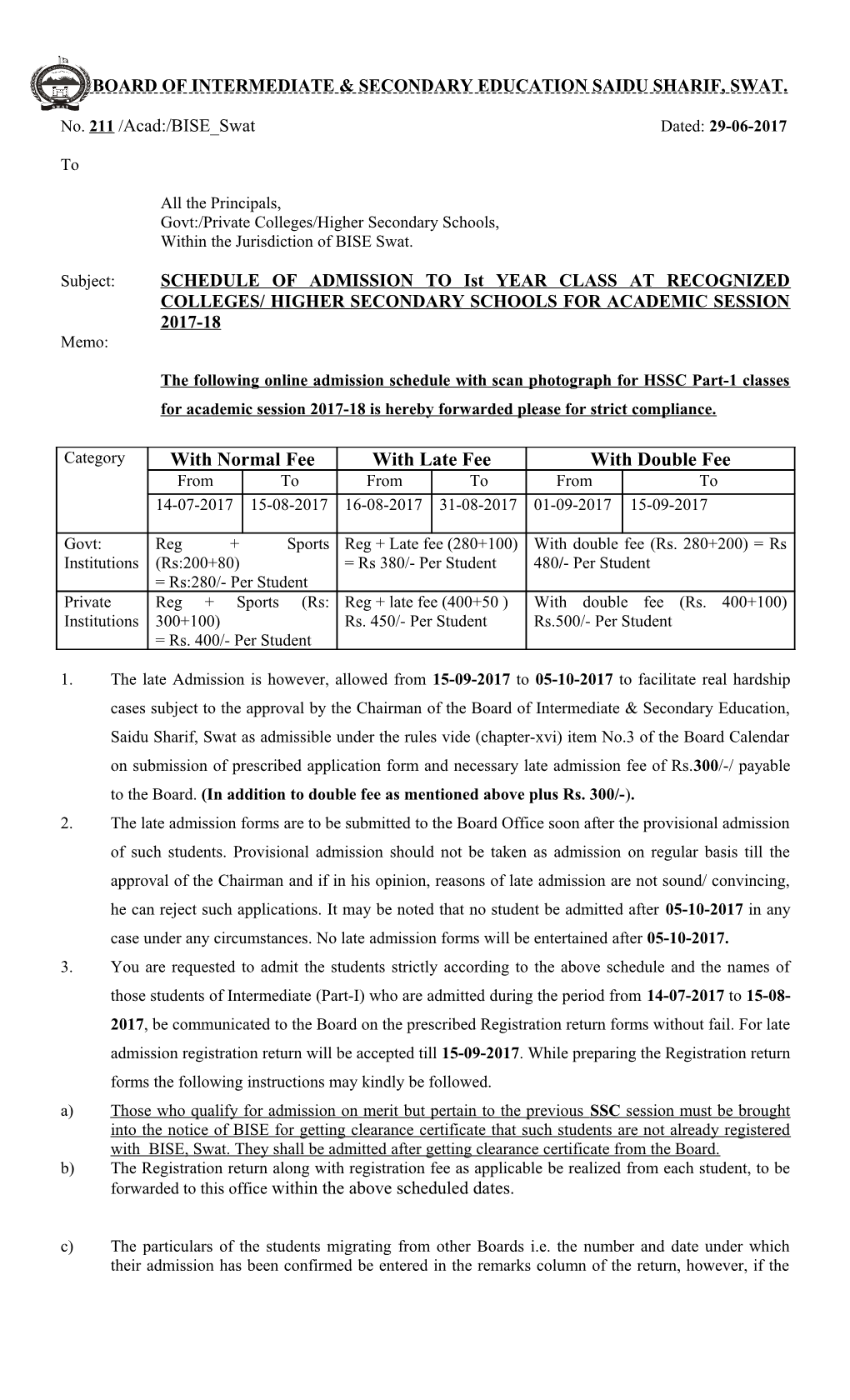 Board of Intermediate & Secondary Education Saidu Sharif, Swat