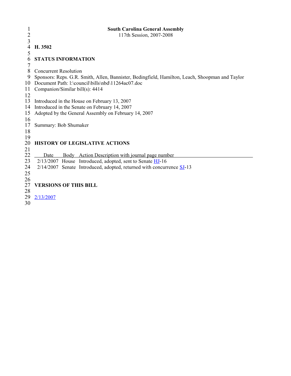 2007-2008 Bill 3502: Bob Shumaker - South Carolina Legislature Online