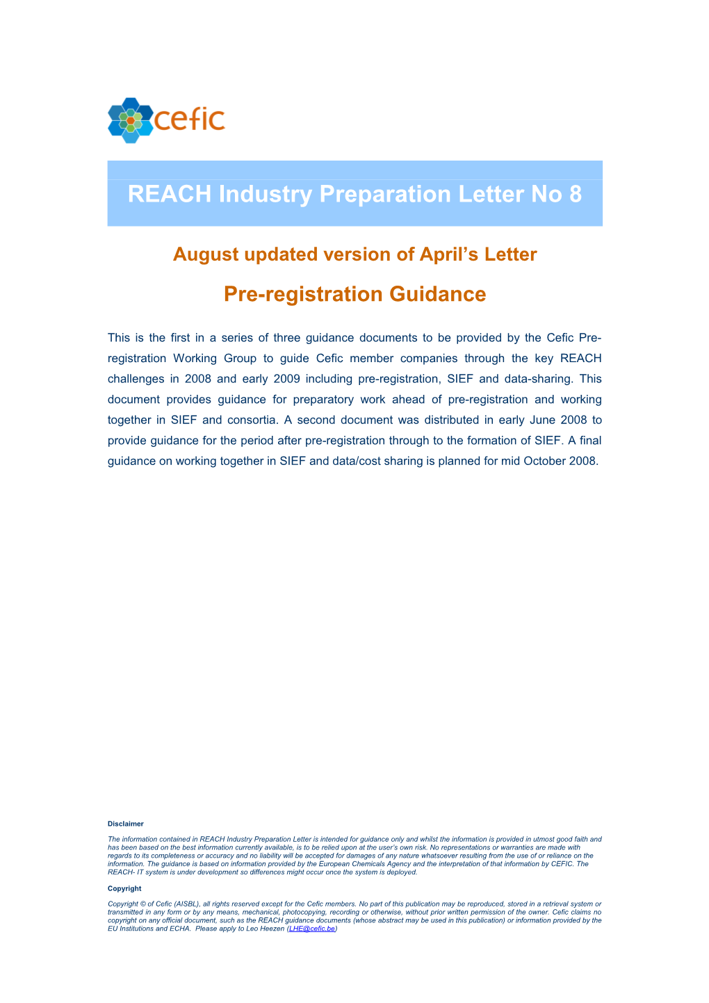 REACH Preparation Letter No. 8