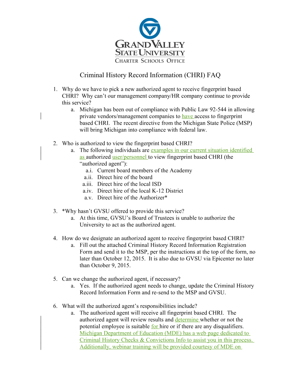 Criminal History Record Information (CHRI) FAQ