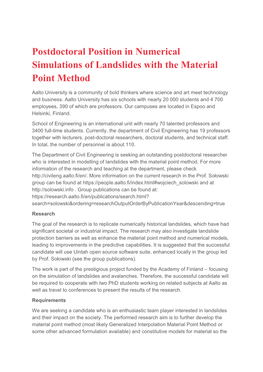 Postdoctoral Position in Numerical Simulations of Landslides with the Material Point Method
