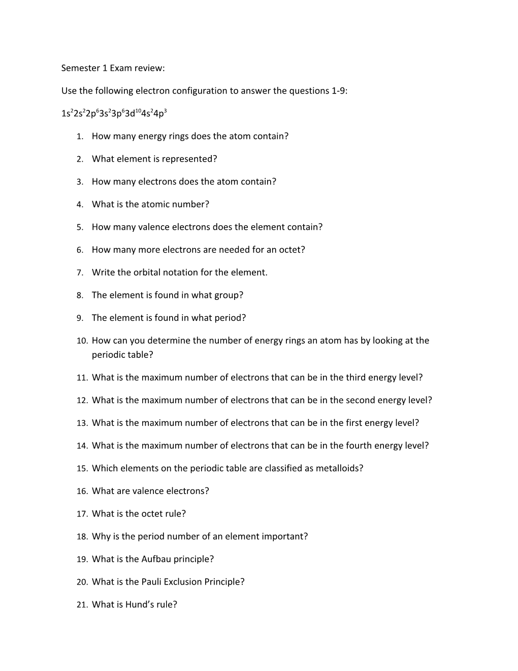 Use the Following Electron Configuration to Answer the Questions 1-9