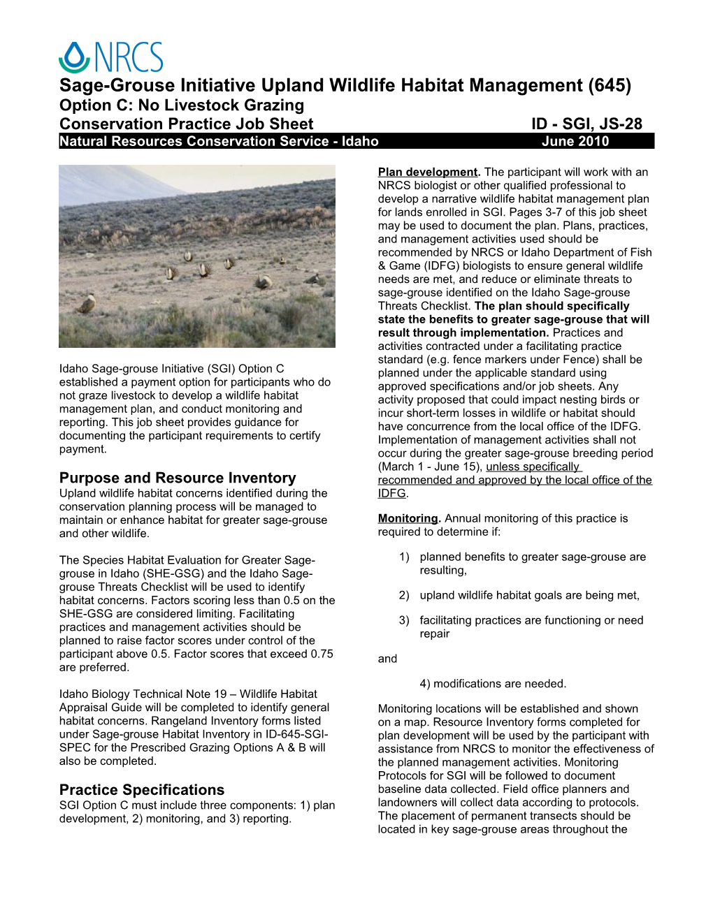Sage-Grouse Initiative Upland Wildlife Habitat Management (645)