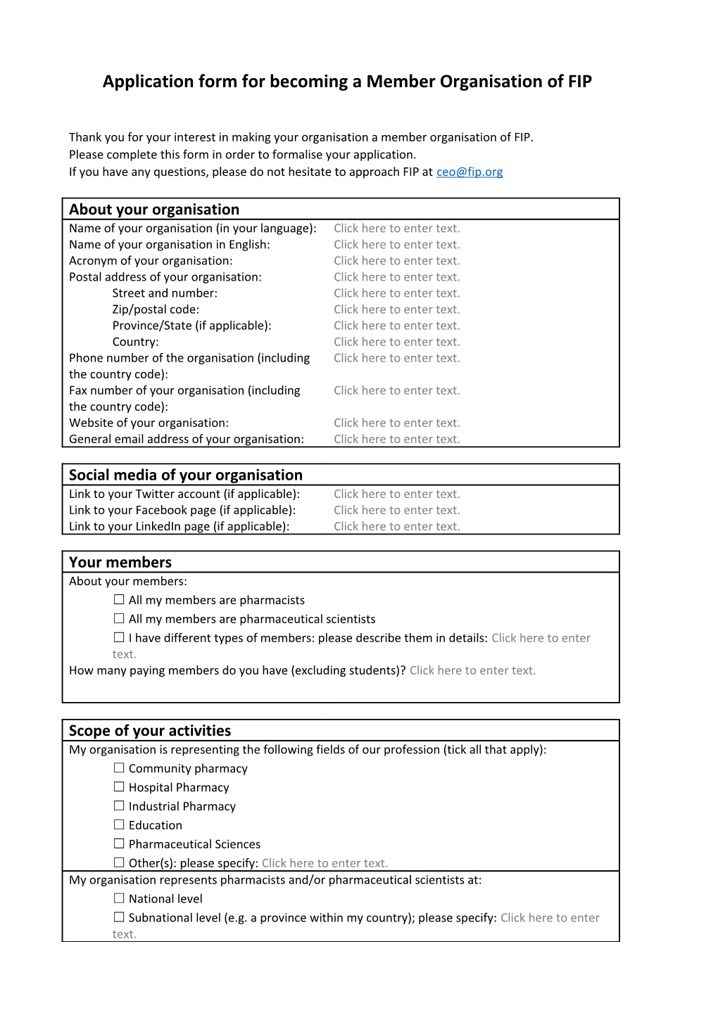 Application Form for Becoming a Member Organisation of FIP