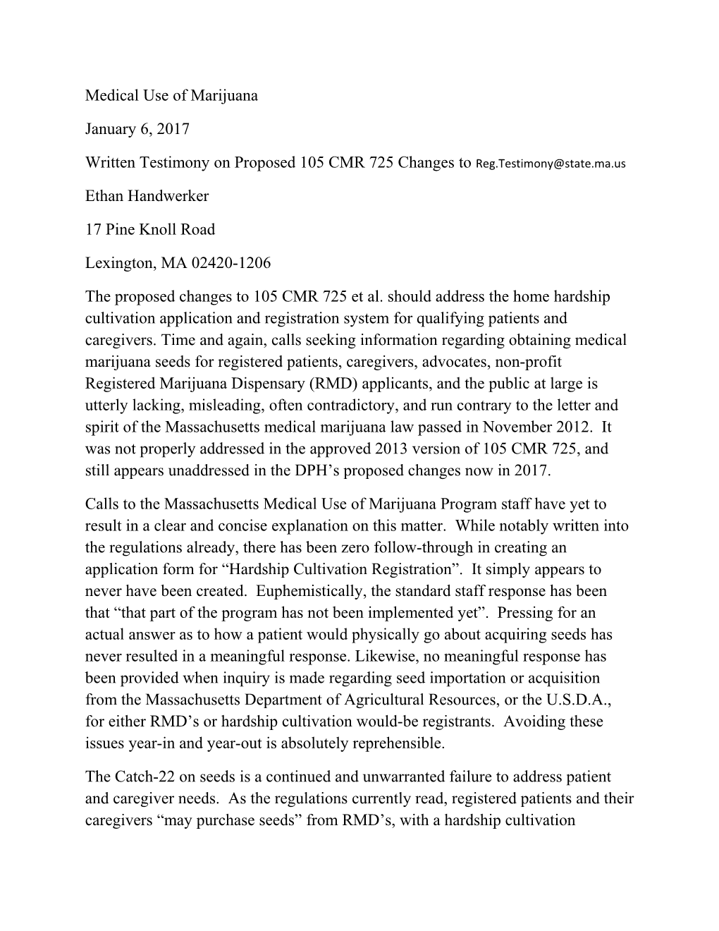 Written Testimony on Proposed 105 CMR 725 Changes To