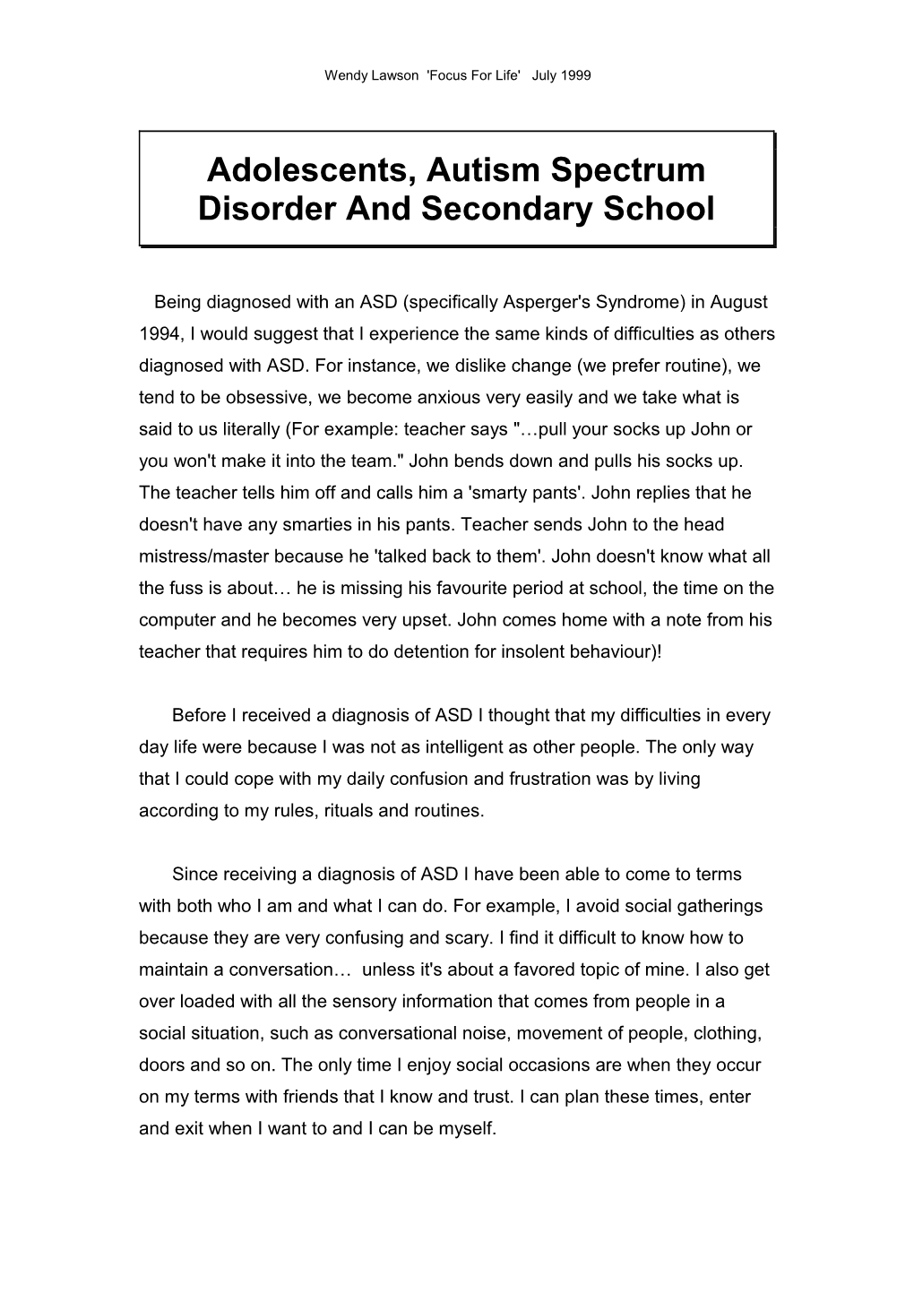 Adolescents, Asperger's Syndrome and School