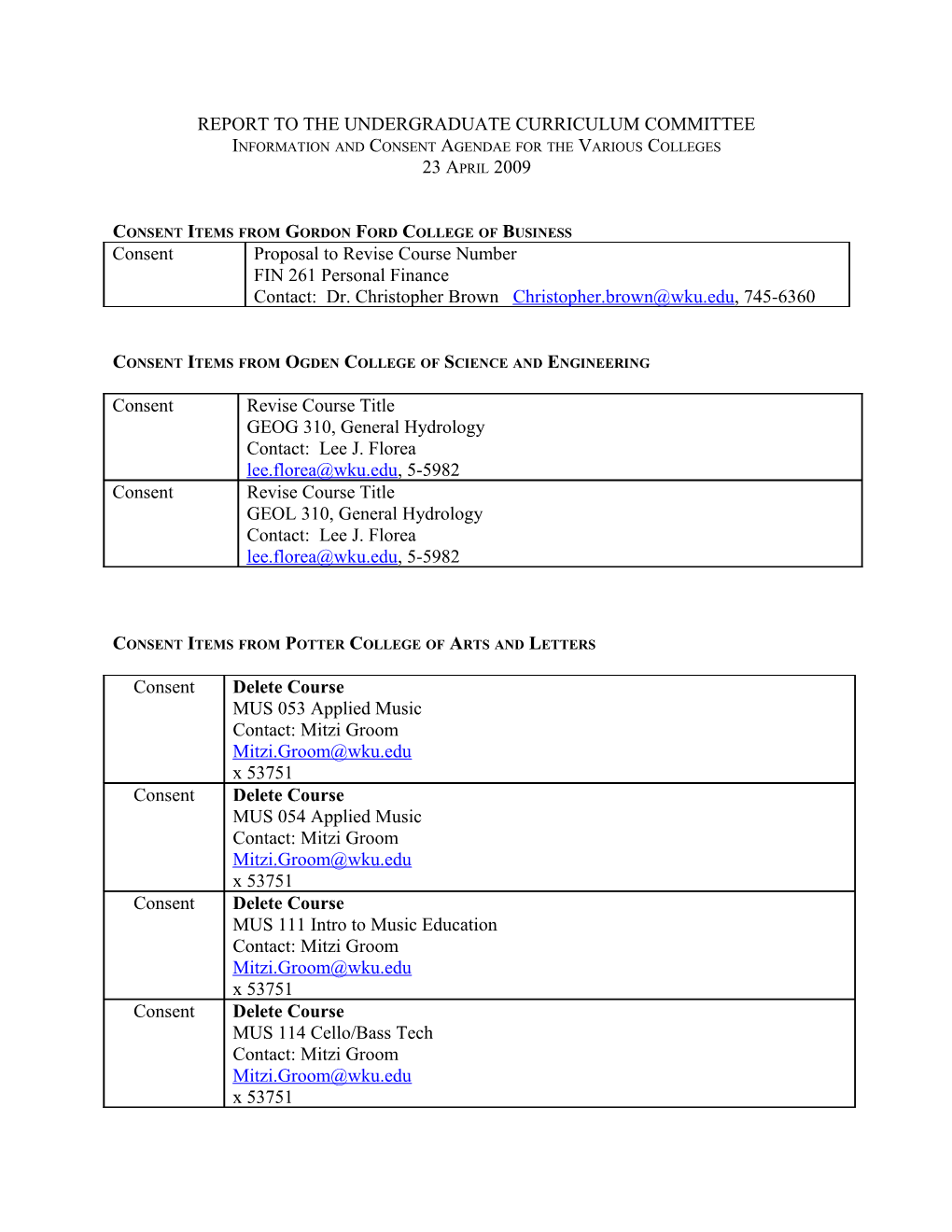 Report to the Undergraduate Curriculum Committee