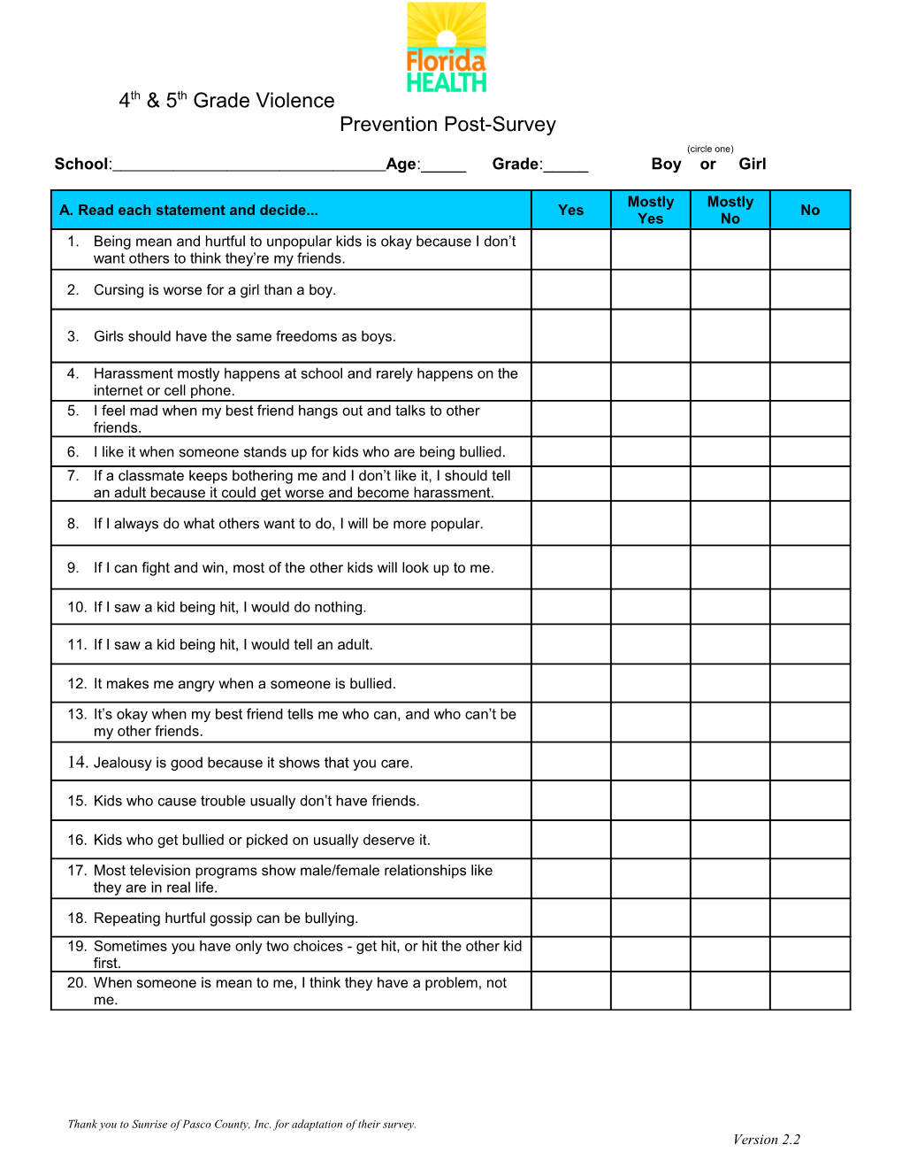 4Th & 5Th Grade Violence Prevention Post-Survey