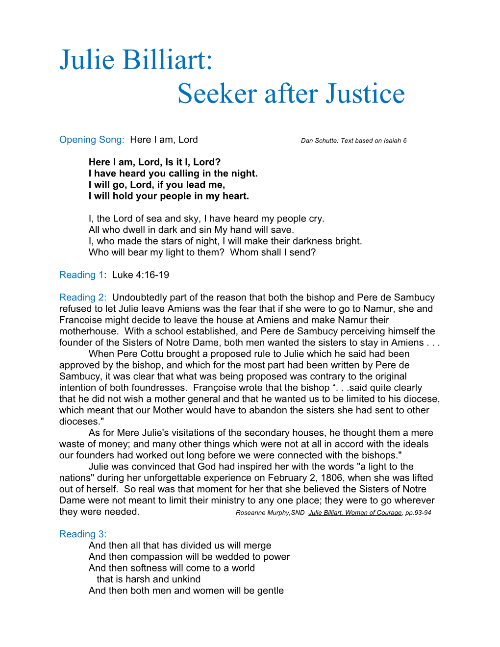 Julie Billiart : Seeker After Justice