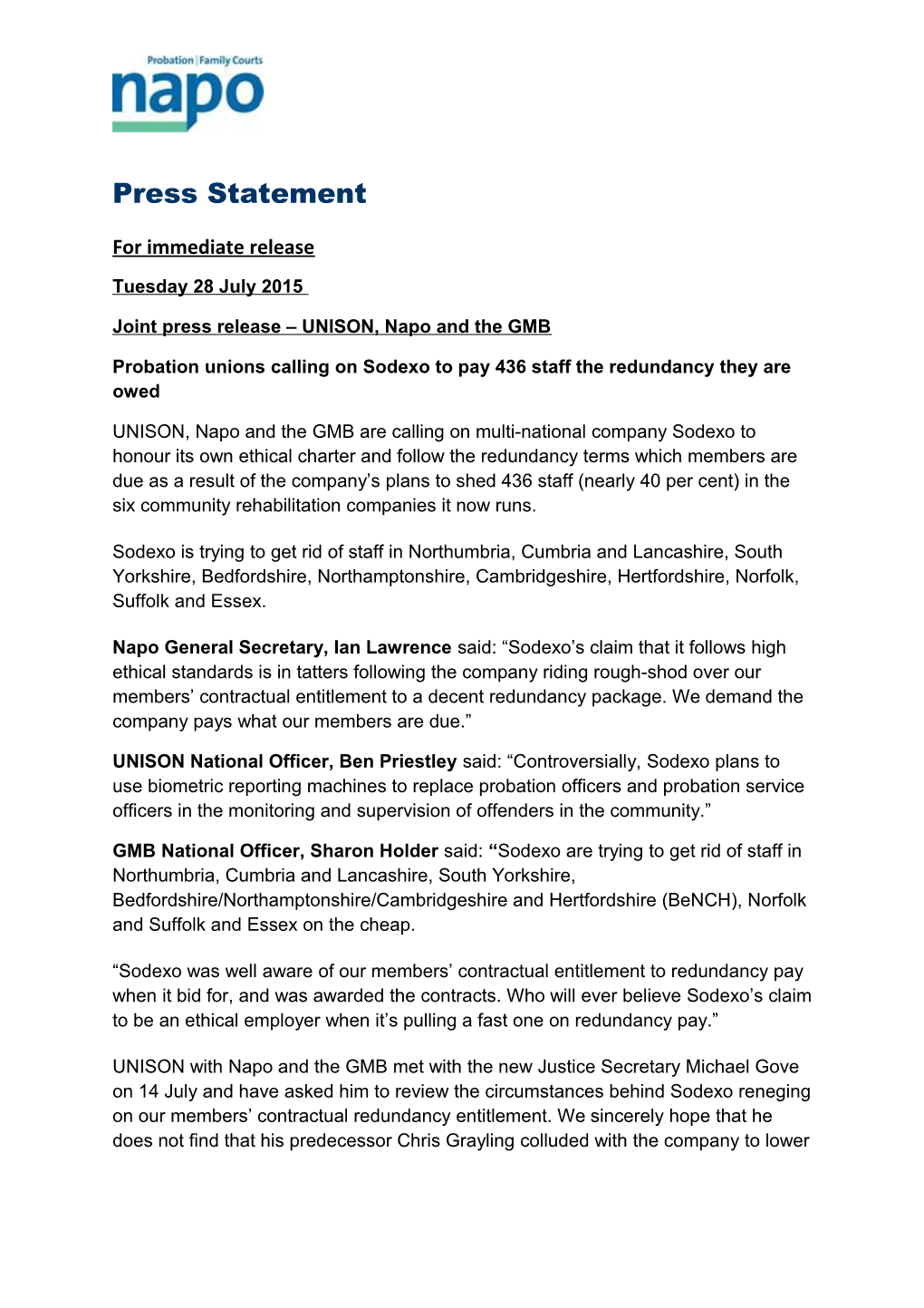 Joint Press Release UNISON, Napo and the GMB