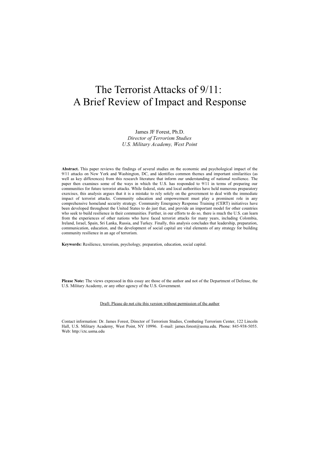 Economic and Psychological Impact of the 9/11 Attacks in the United States