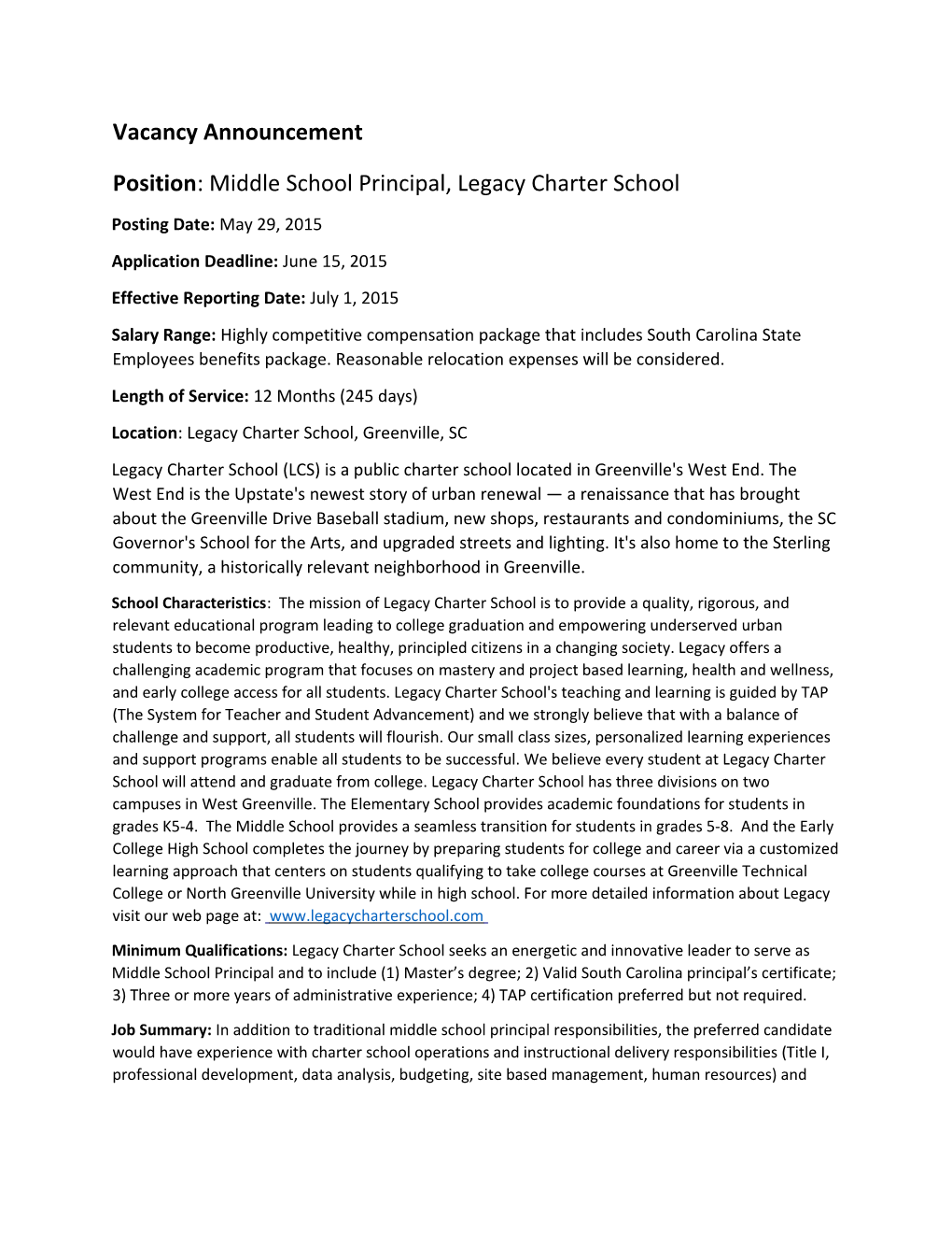 Position: Middle School Principal, Legacy Charter School