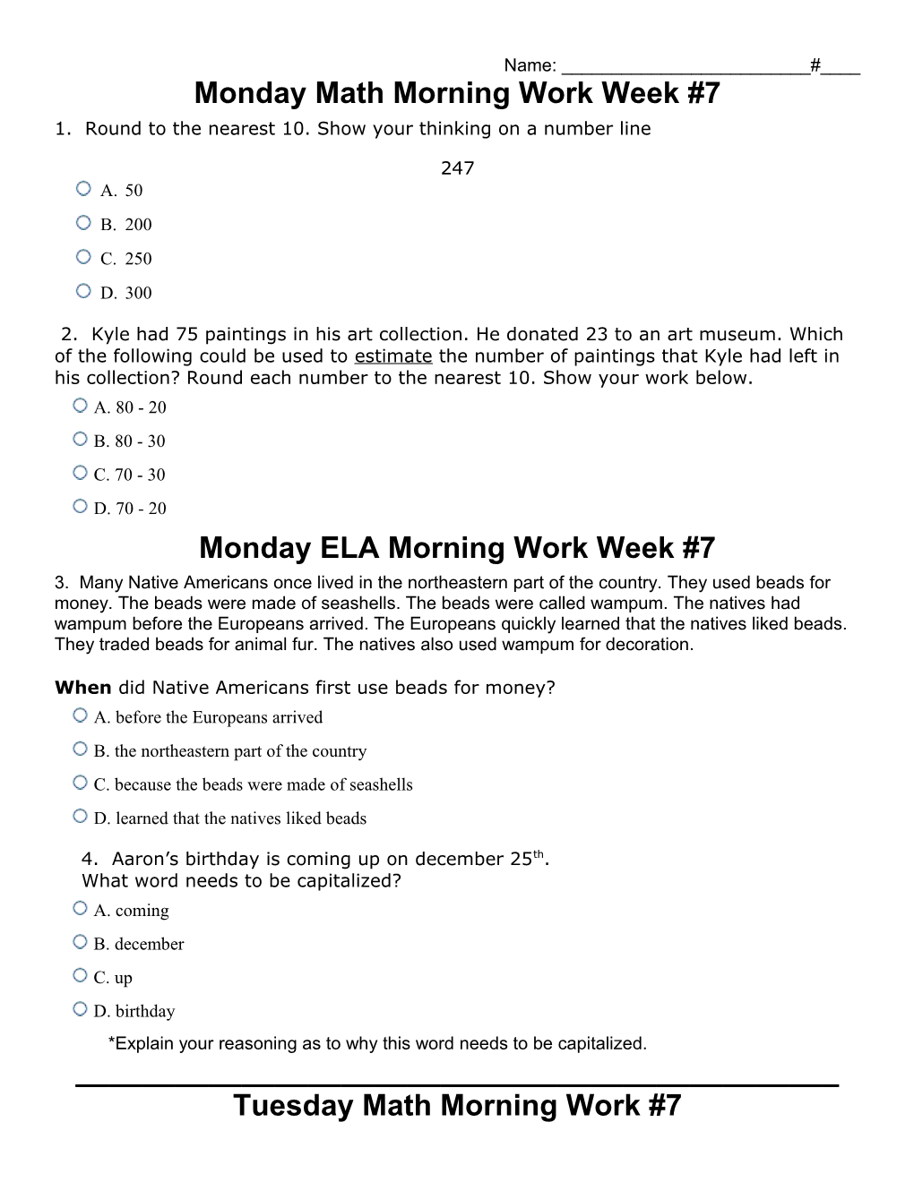 Monday Math Morning Work Week #7