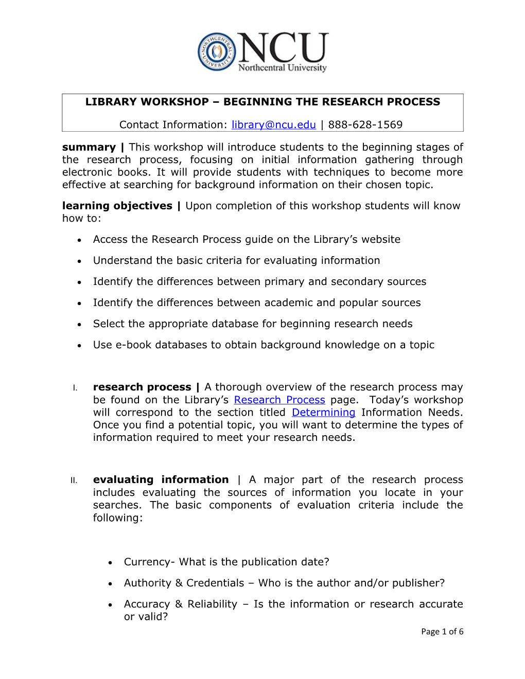 Library Workshop Beginning the Research Process