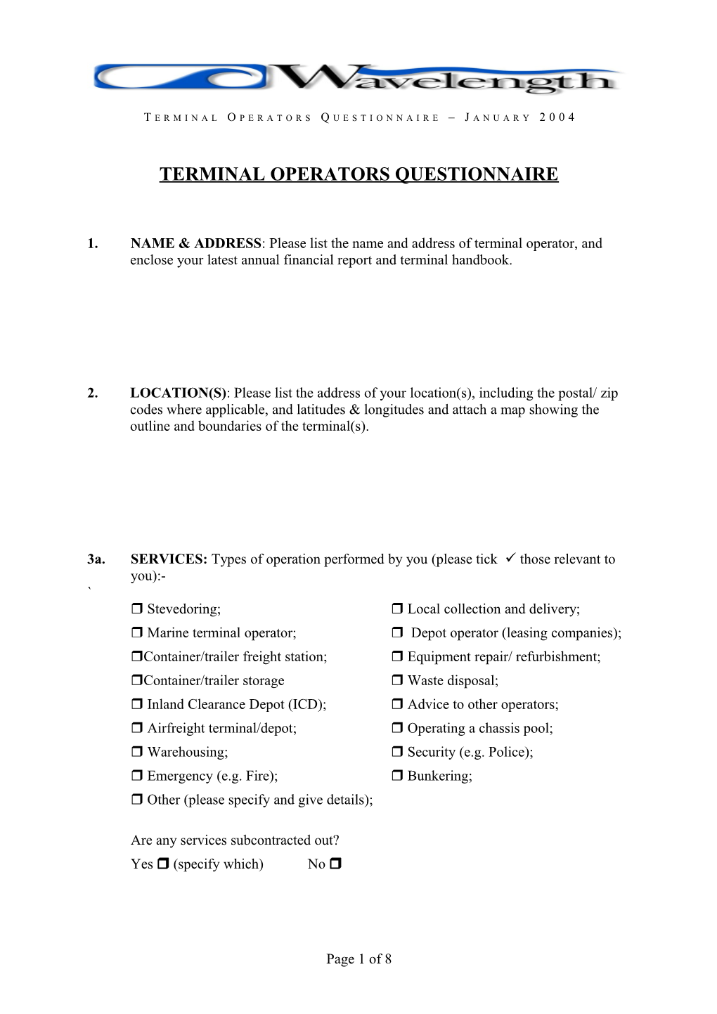 Terminal Operators Questionnaire January 2004