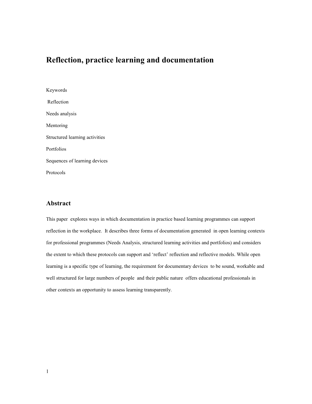 Abstracttitle: Reflection and Workplace Settings