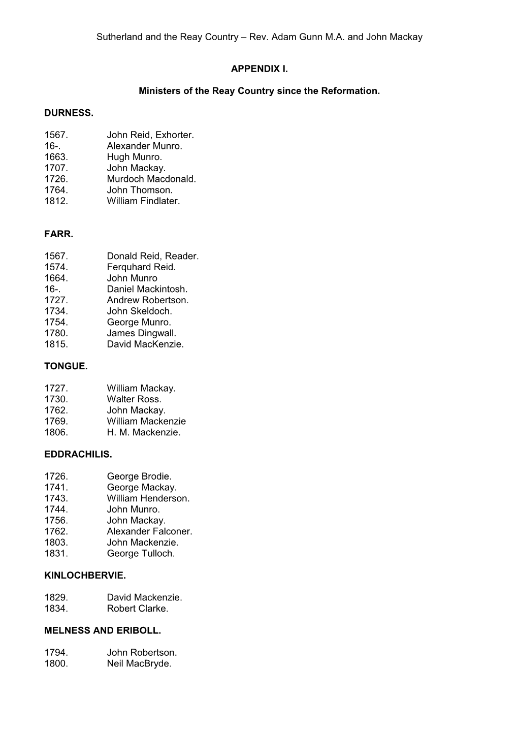 Ministers of the Reay Country Since the Reformation