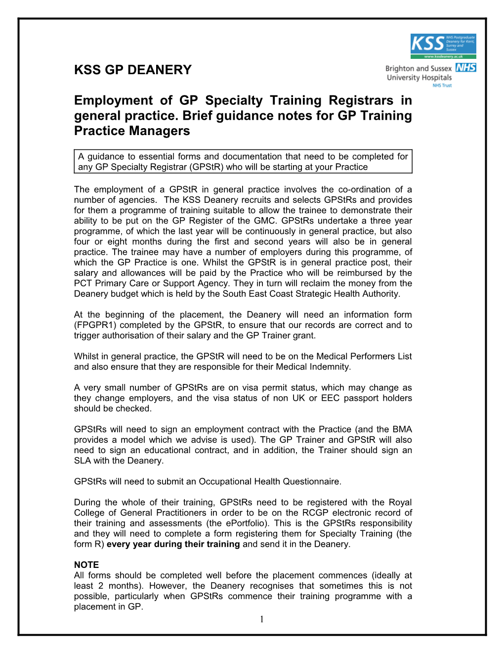 Employment of GP Specialty Training Registrars in General Practice.Brief Guidance Notes