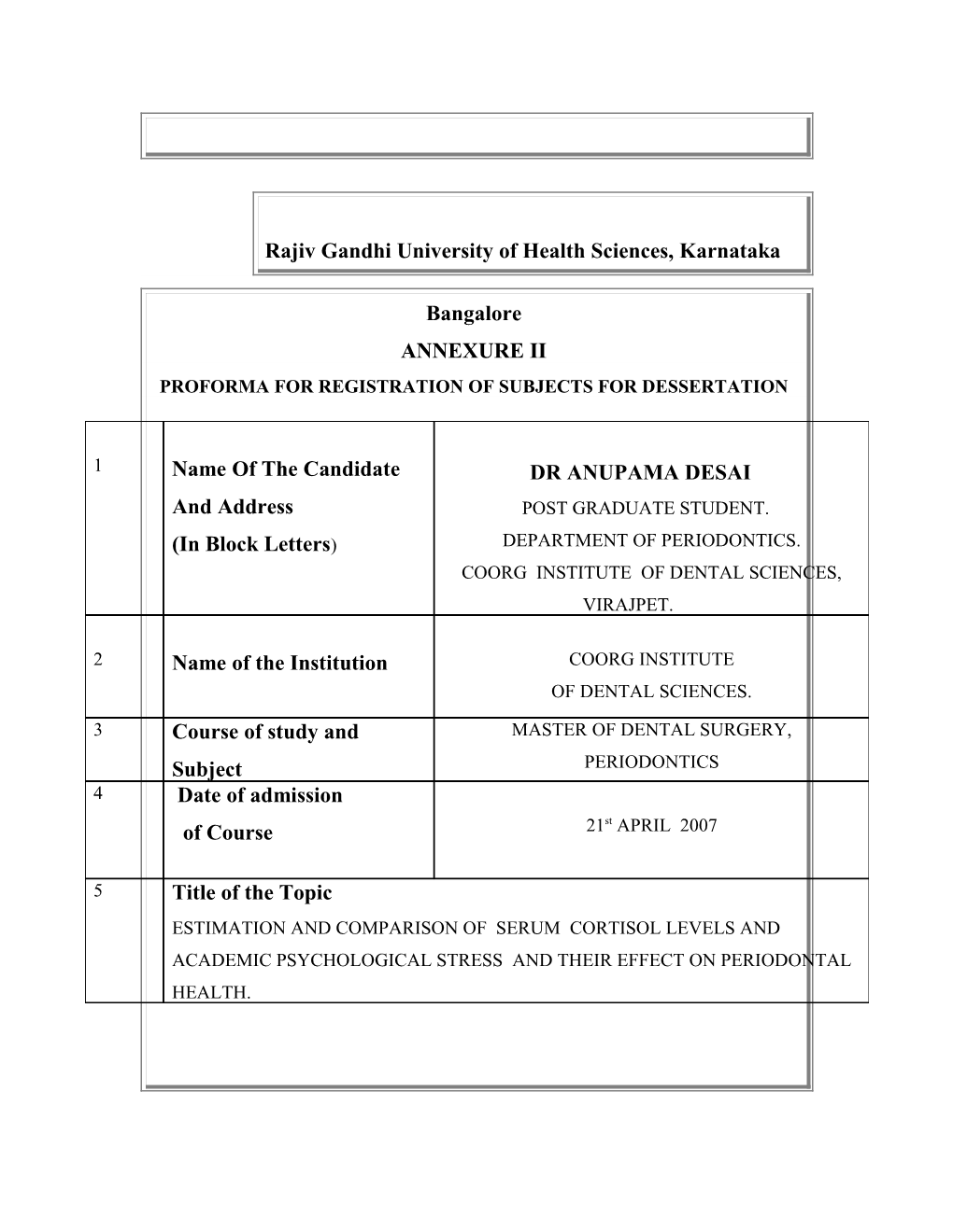 Proforma for Registration of Subjects for Dessertation