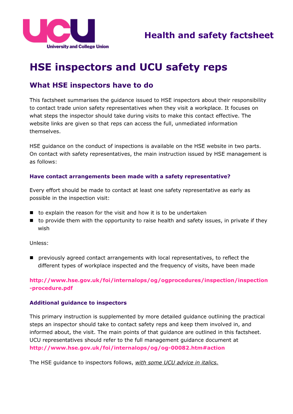 HSE Inspectors and UCU Safety Reps