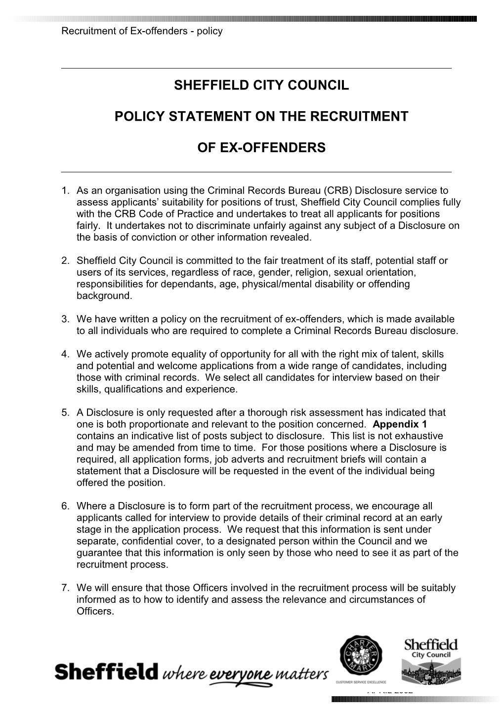 Policy Statement on the Recruitment of Ex-Offenders