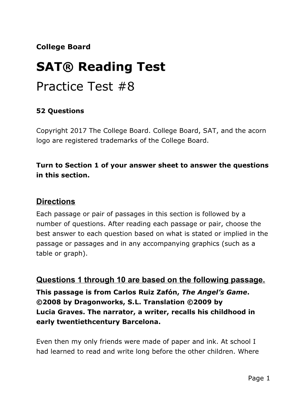 SAT Practice Test 8 for Assistive Technology Reading Test SAT Suite of Assessments The
