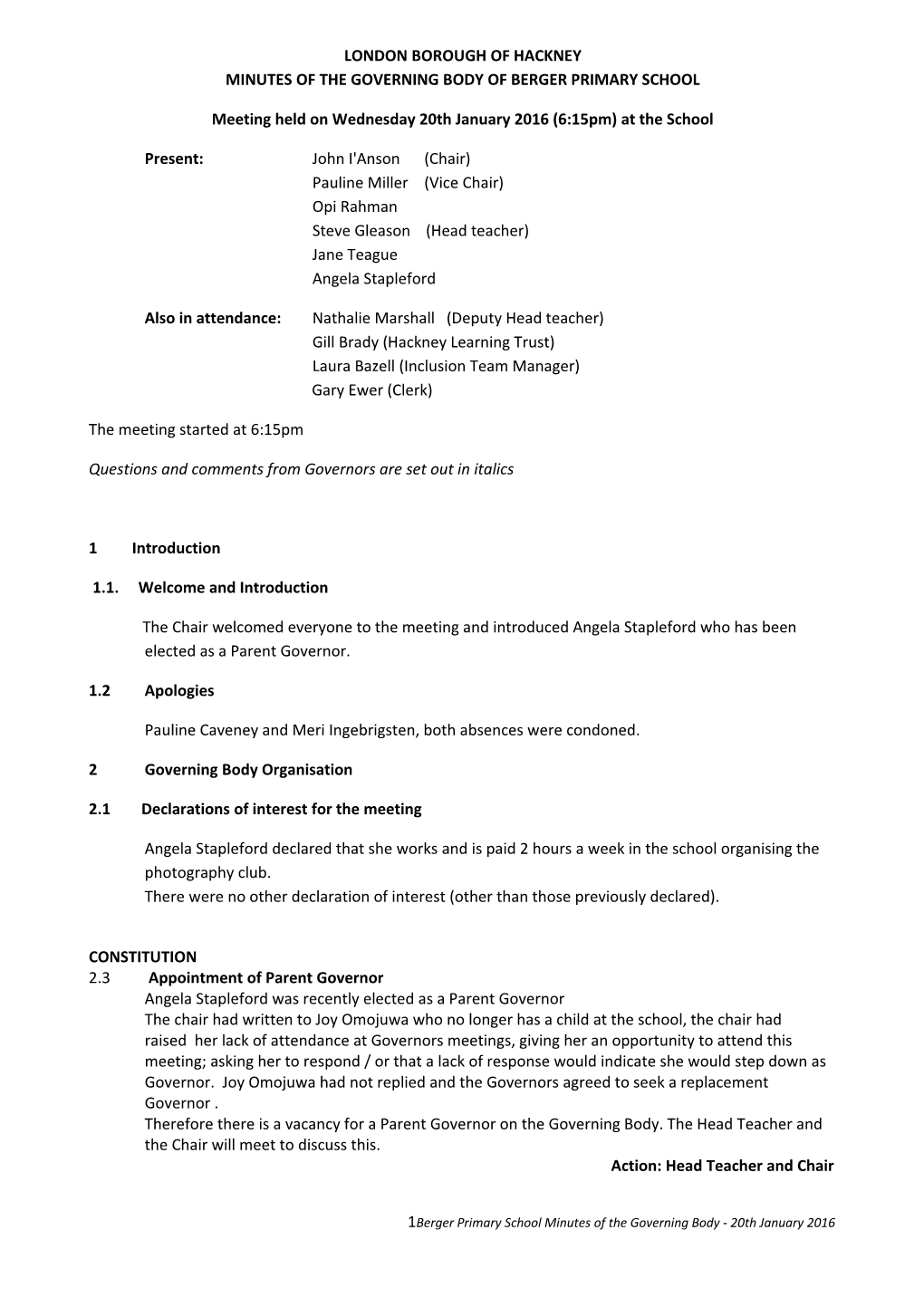 London Borough of Hackney Minutes of Thegoverning Body of Berger Primary School