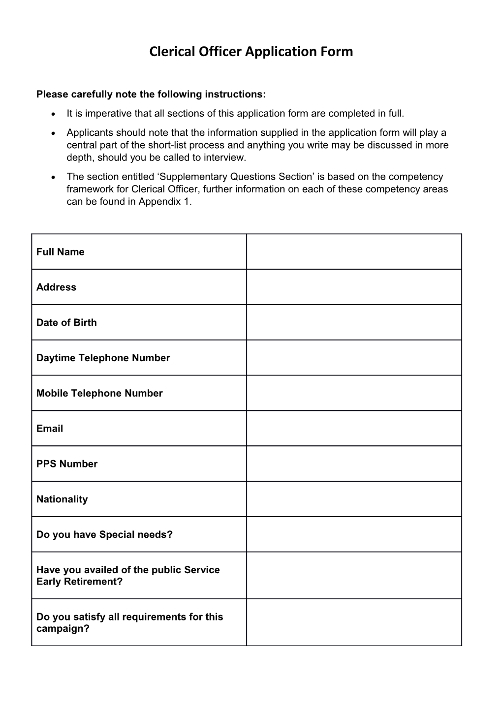 Clerical Officer Application Form