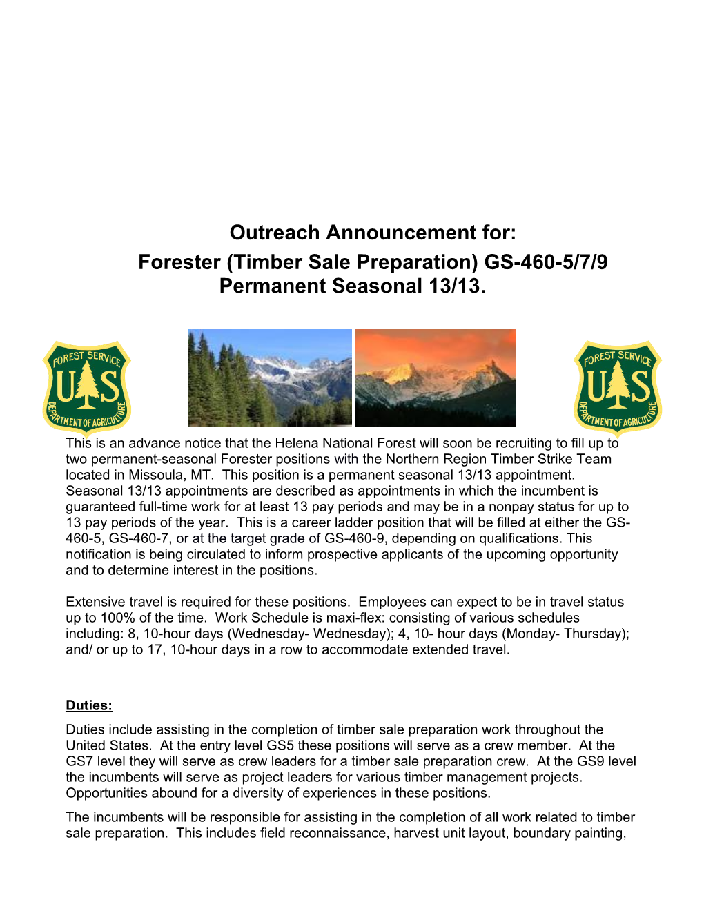 Forester (Timber Sale Preparation) GS-460-5/7/9 Permanent Seasonal 13/13