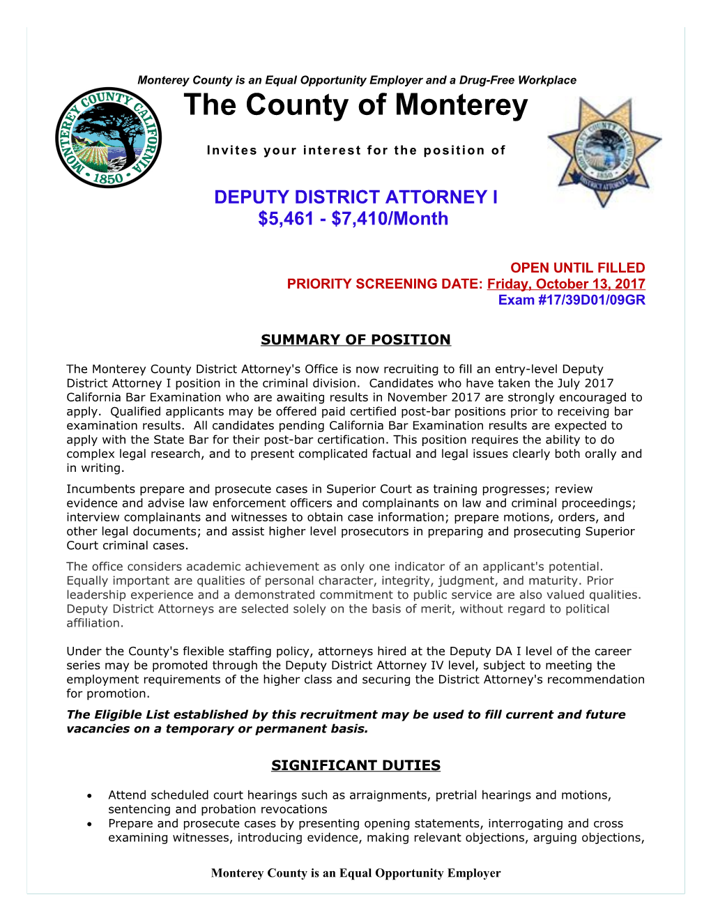 Monterey County Is an Equal Opportunity Employer and a Drug-Free Workplace