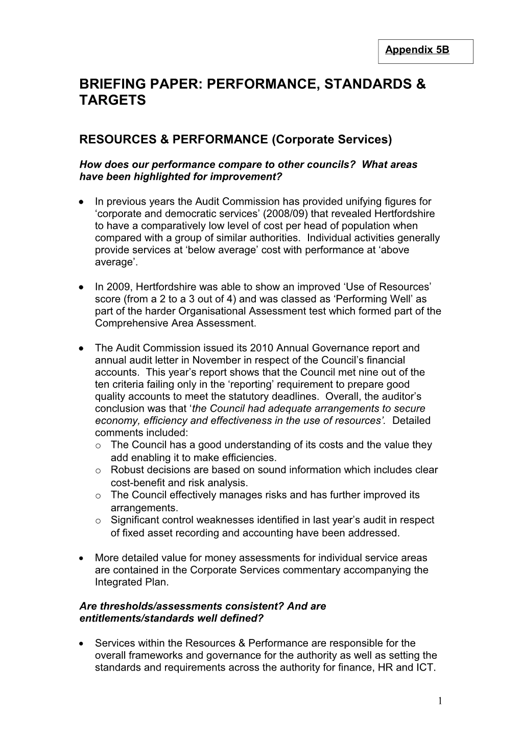 Briefing Paper: Performance, Standards & Targets