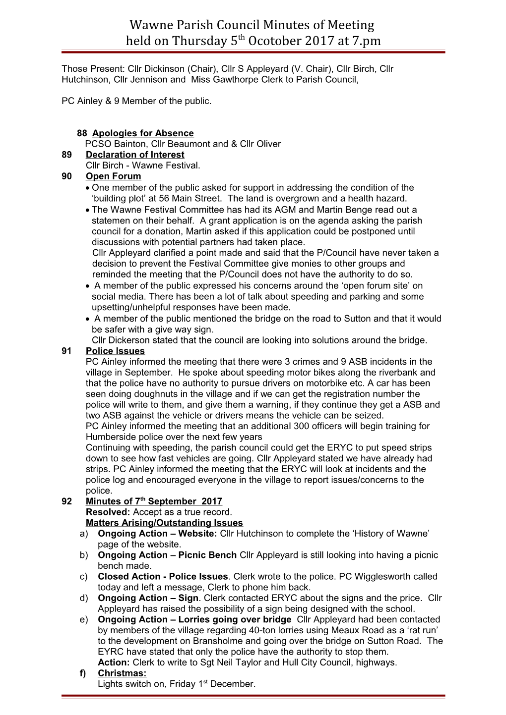 Wawne Parish Council Minutes of Meeting Held on Thursday 1St October 2009 at 7.Pm
