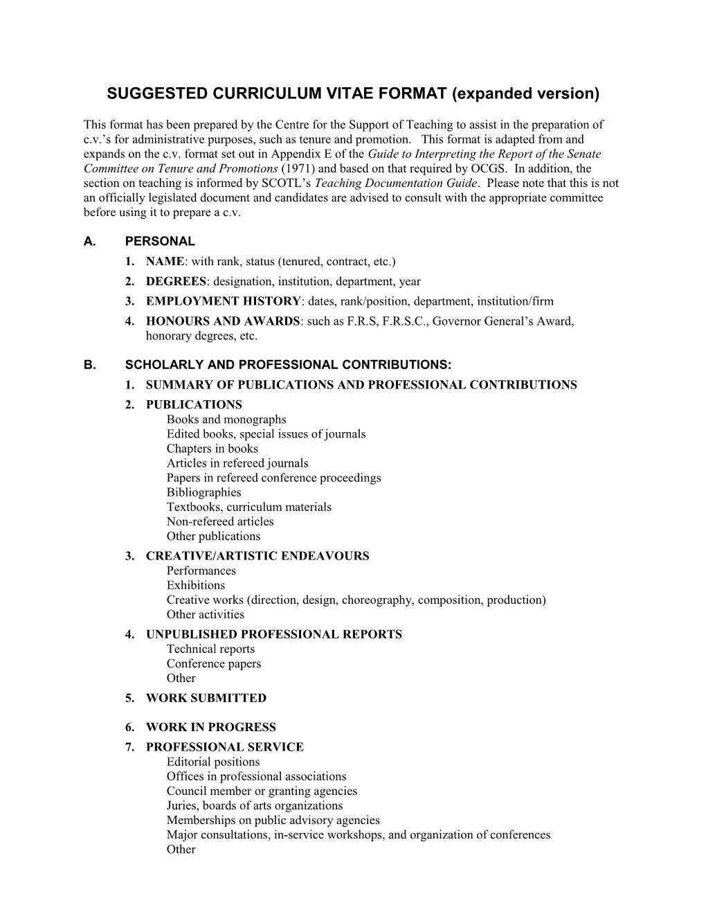 SUGGESTED CURRICULUM VITAE FORMAT (Expanded Version)