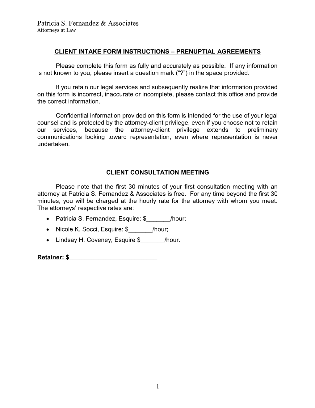Client Intake Form Instructions Prenuptial Agreements