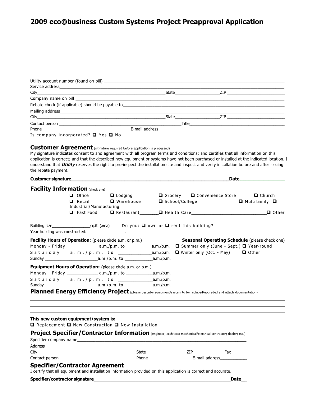 2009 Eco Business Custom Systems Project Preapproval Application