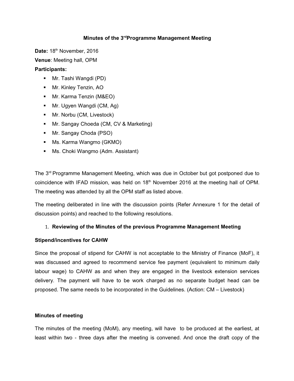 Minutes of the 3Rdprogramme Management Meeting