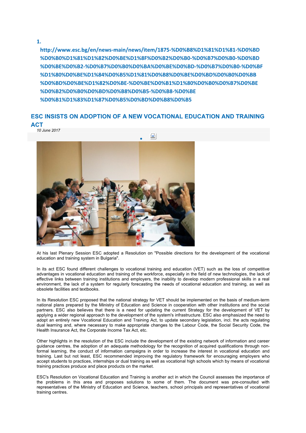 Esc Insists on Adoption of a New Vocational Education and Training Act