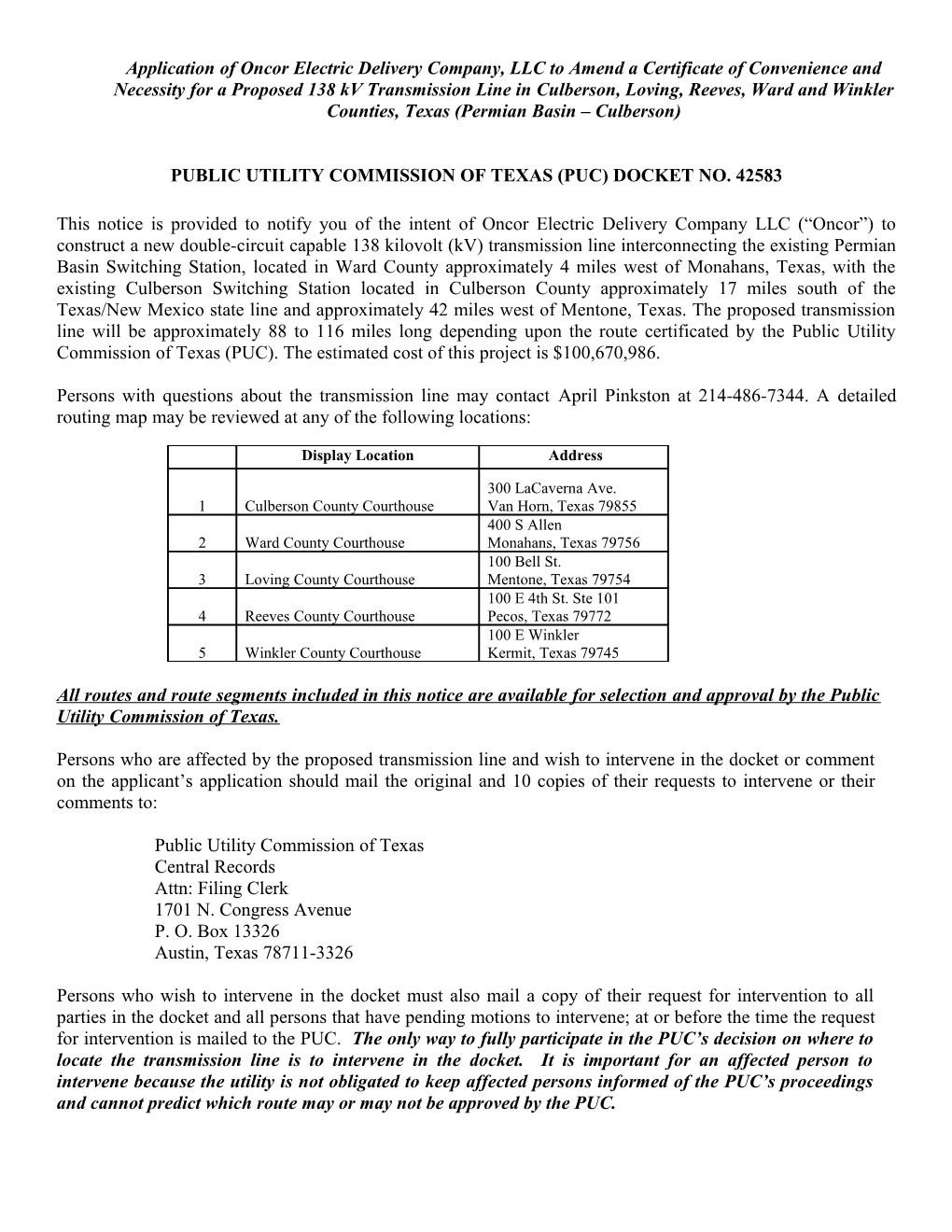 Public Utility Commission of Texas (Puc) Docket No.42583