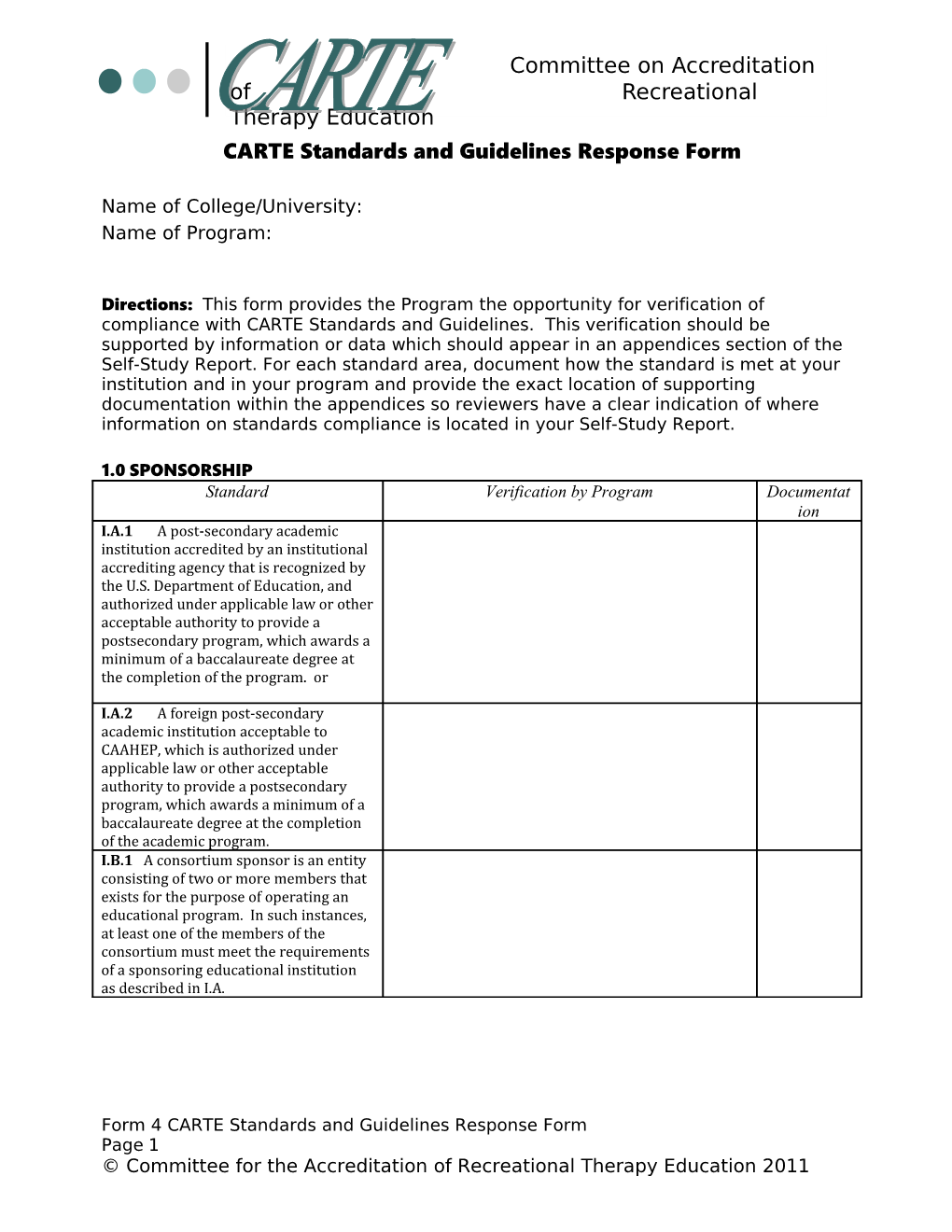 CARTE Standards and Guidelines Response Form