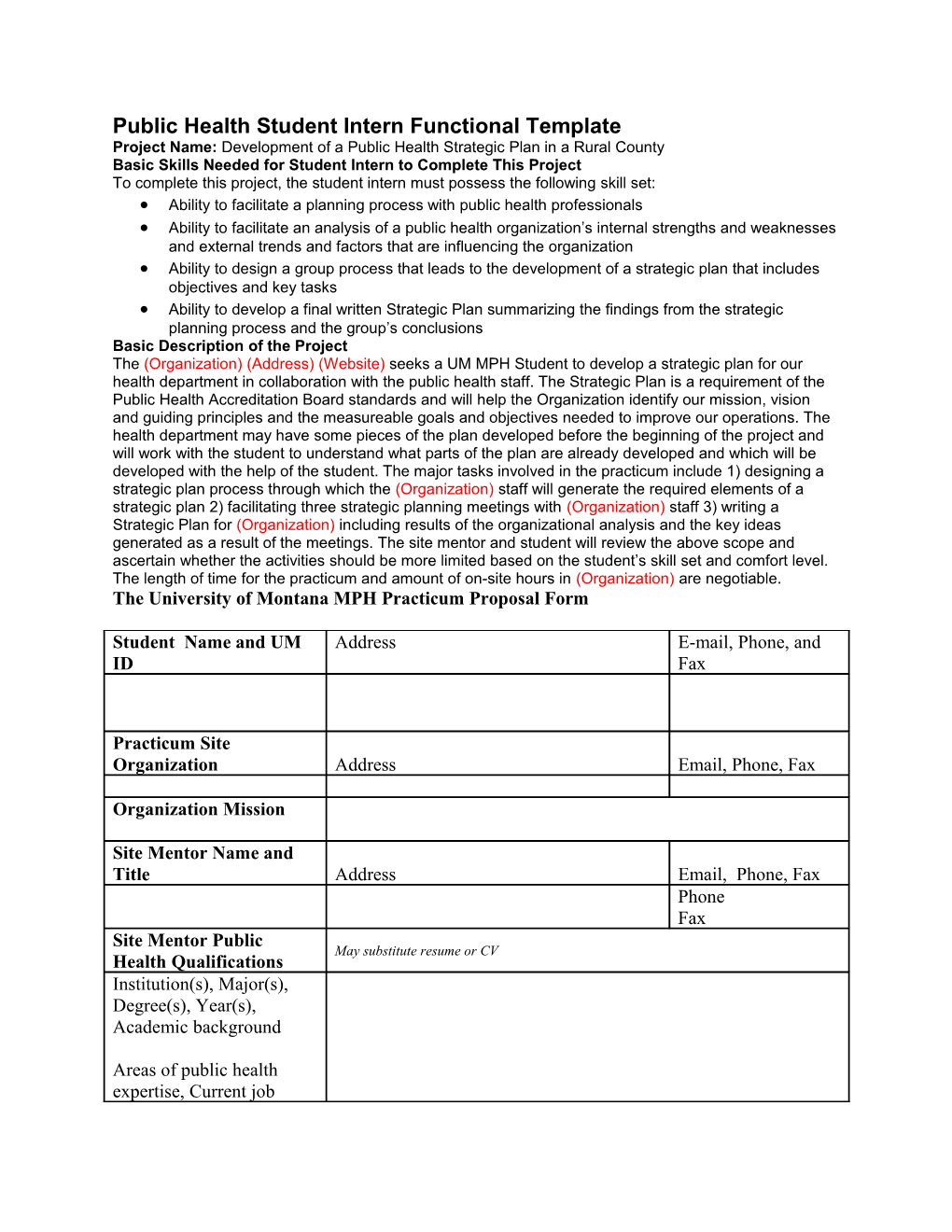 Public Health Student Intern Functional Template