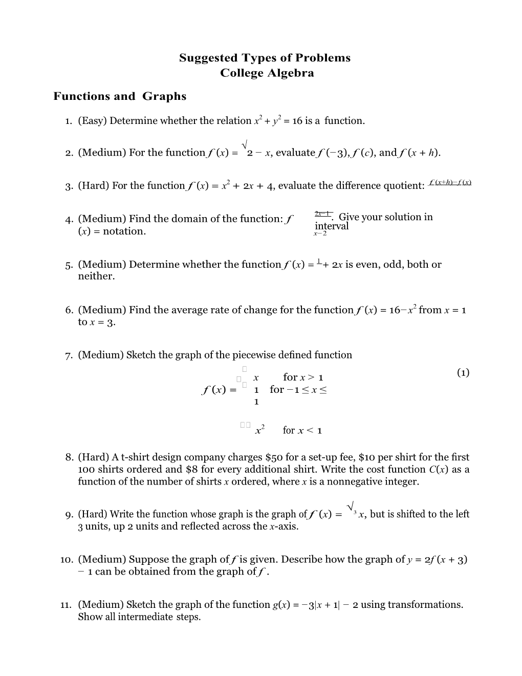 Suggested Types of Problems College Algebra